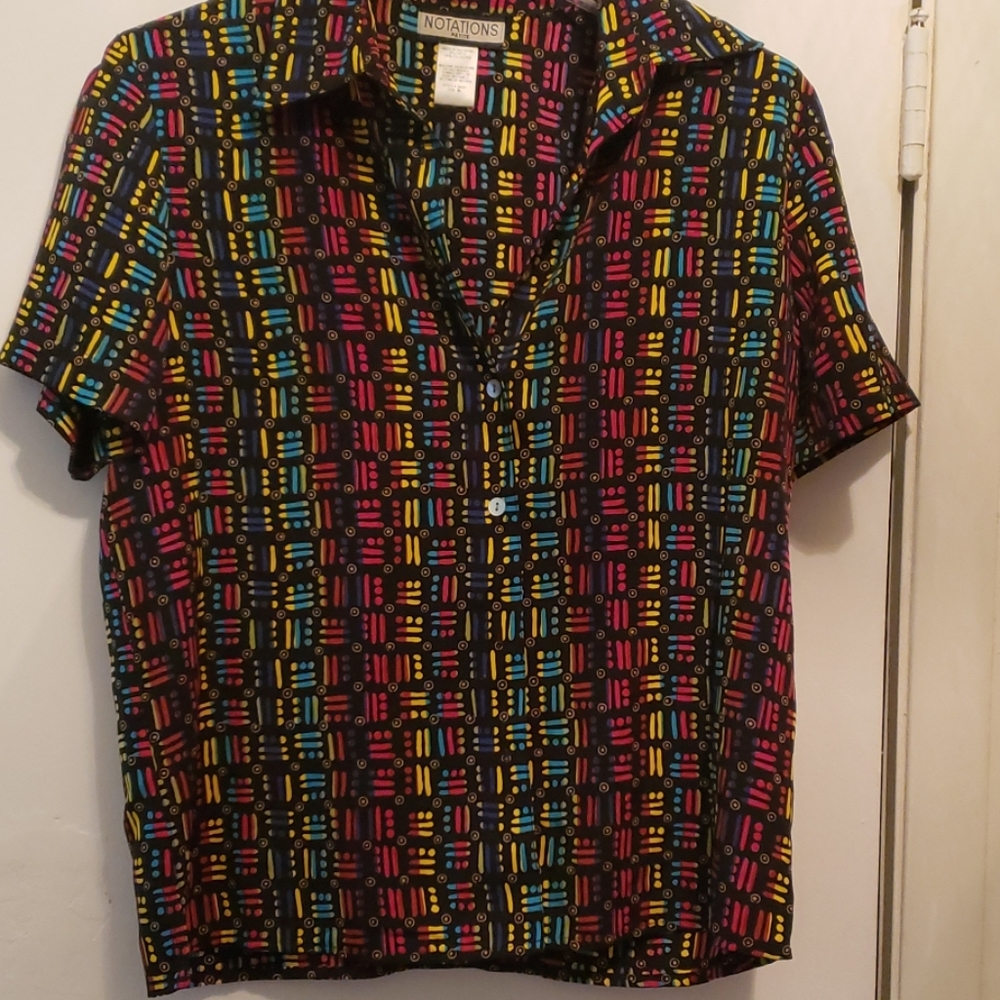 Short Sleeve Black Blouse w/ Multicolored Pattern